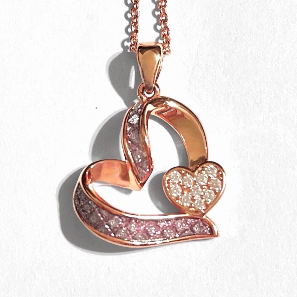 Pink White Pave CZ Open Heart Pendant Necklace Rose Gold Tone Feminine Zirconia